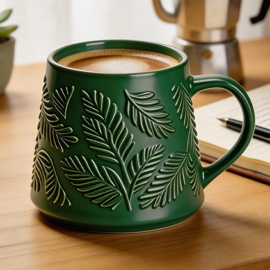 Embossed Leaf Ceramic Coffee Mug Dark Green Nordic Nature-Inspired Cup Premium Gift Mug