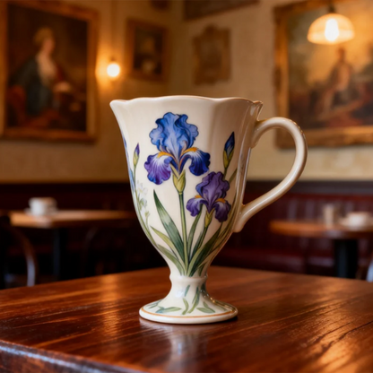 Hand-Painted Iris Ceramic Coffee Mug Elegant Vintage Pedestal Cup Luxury Gift Mug