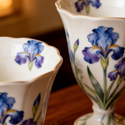 Hand-Painted Iris Ceramic Coffee Mug Elegant Vintage Pedestal Cup Luxury Gift Mug
