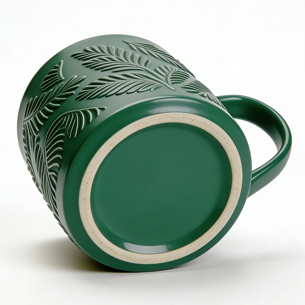 Embossed Leaf Ceramic Coffee Mug Dark Green Nordic Nature-Inspired Cup Premium Gift Mug