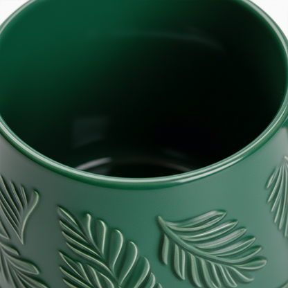 Embossed Leaf Ceramic Coffee Mug Dark Green Nordic Nature-Inspired Cup Premium Gift Mug