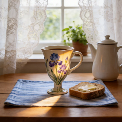 Hand-Painted Iris Ceramic Coffee Mug Elegant Vintage Pedestal Cup Luxury Gift Mug