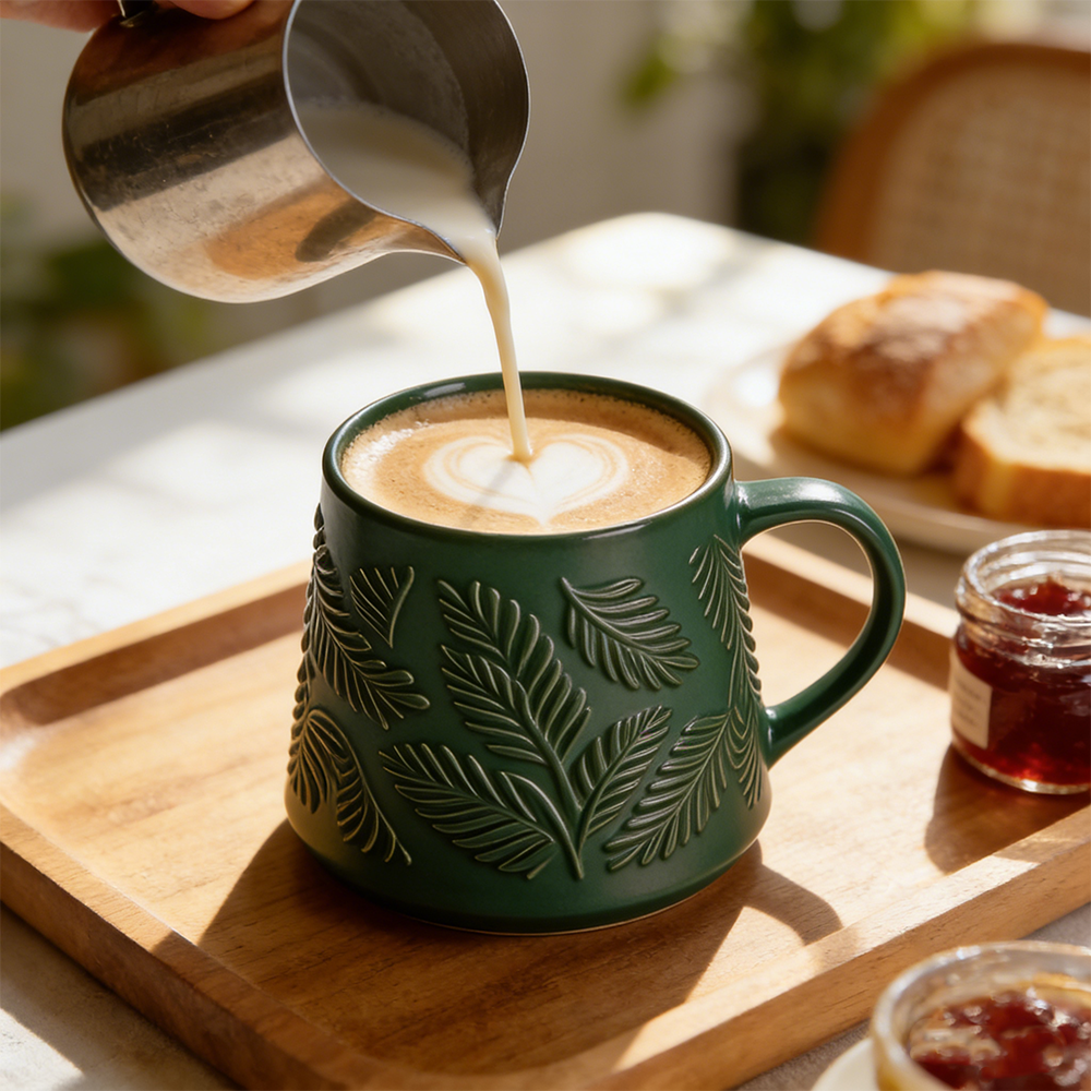 Embossed Leaf Ceramic Coffee Mug Dark Green Nordic Nature-Inspired Cup Premium Gift Mug