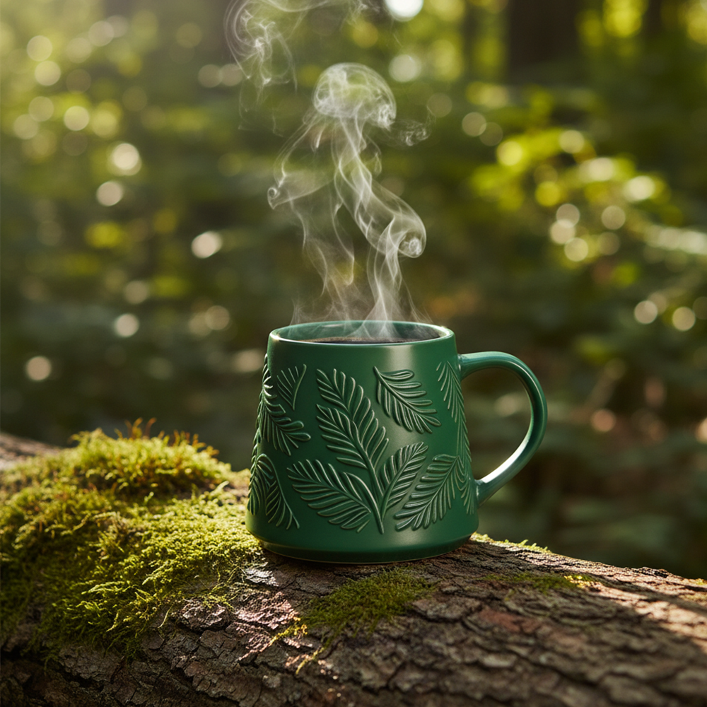 Embossed Leaf Ceramic Coffee Mug Dark Green Nordic Nature-Inspired Cup Premium Gift Mug
