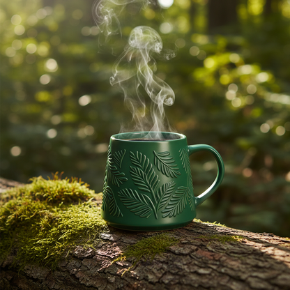 Embossed Leaf Ceramic Coffee Mug Dark Green Nordic Nature-Inspired Cup Premium Gift Mug