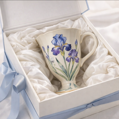 Hand-Painted Iris Ceramic Coffee Mug Elegant Vintage Pedestal Cup Luxury Gift Mug
