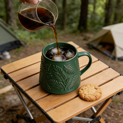 Embossed Leaf Ceramic Coffee Mug Dark Green Nordic Nature-Inspired Cup Premium Gift Mug