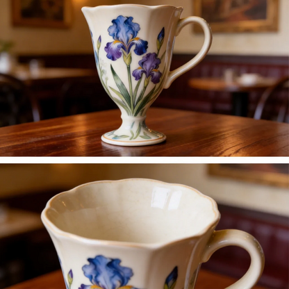 Hand-Painted Iris Ceramic Coffee Mug Elegant Vintage Pedestal Cup Luxury Gift Mug