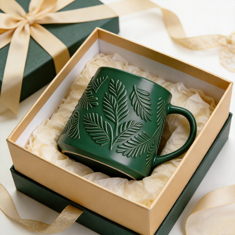 Embossed Leaf Ceramic Coffee Mug Dark Green Nordic Nature-Inspired Cup Premium Gift Mug
